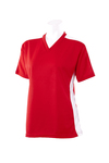 V-neck jersey with contrast color shoulders and side inserts
