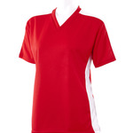 V-neck jersey with contrast color shoulders and side inserts